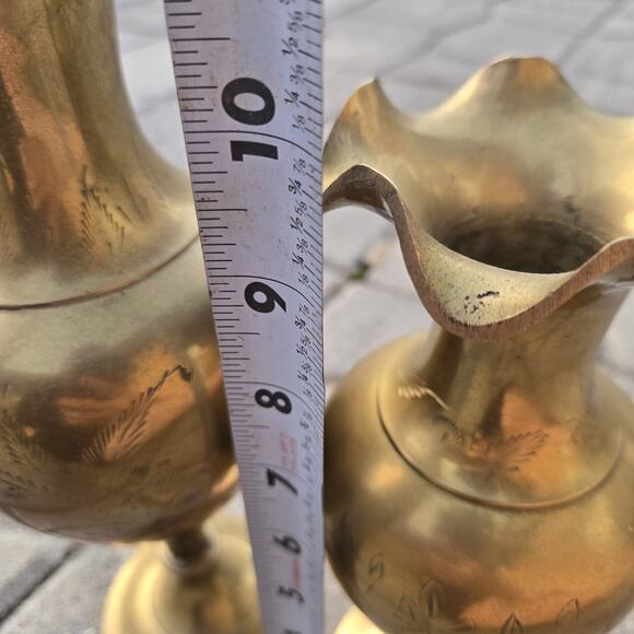 Brass Floral Etched Vases Scalloped Rims - Picture 4 of 8